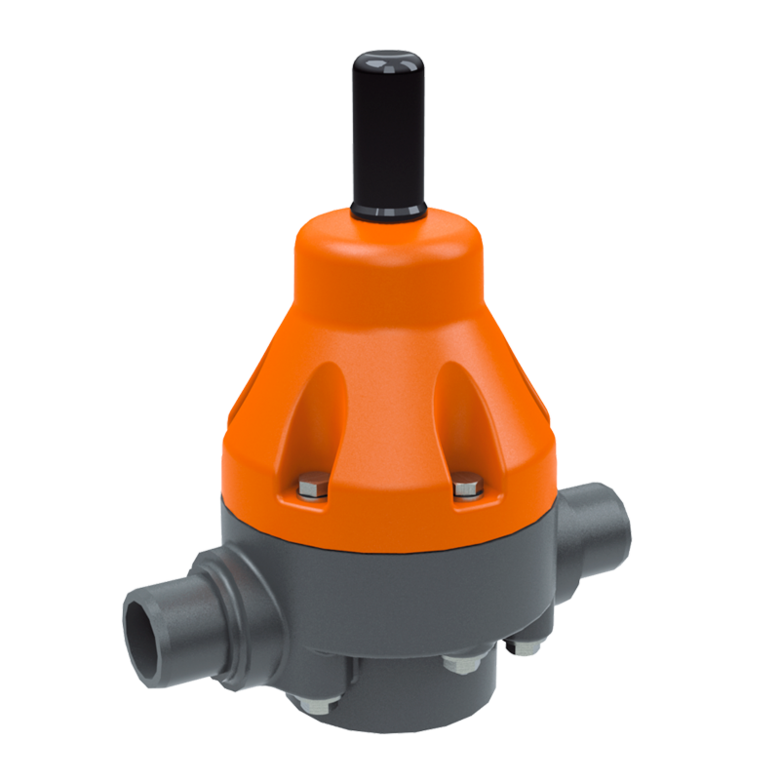 Stubbe DHV 718 Series Pressure Relief Valve. Grey lower body and ports, orange top.