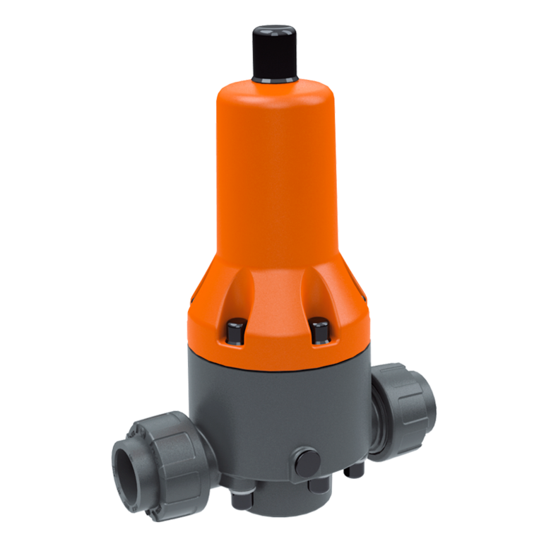 An orange and gray Stubbe DMV 765 Series pressure reducing valve with EPDM diaphragm and PTFE-coated medium side.