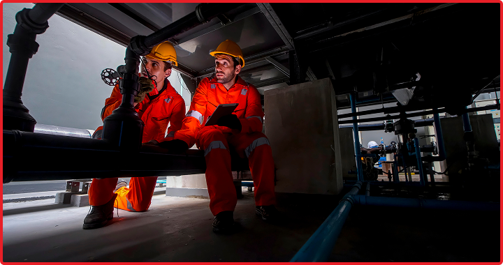 Miners reviewing water pipes underground